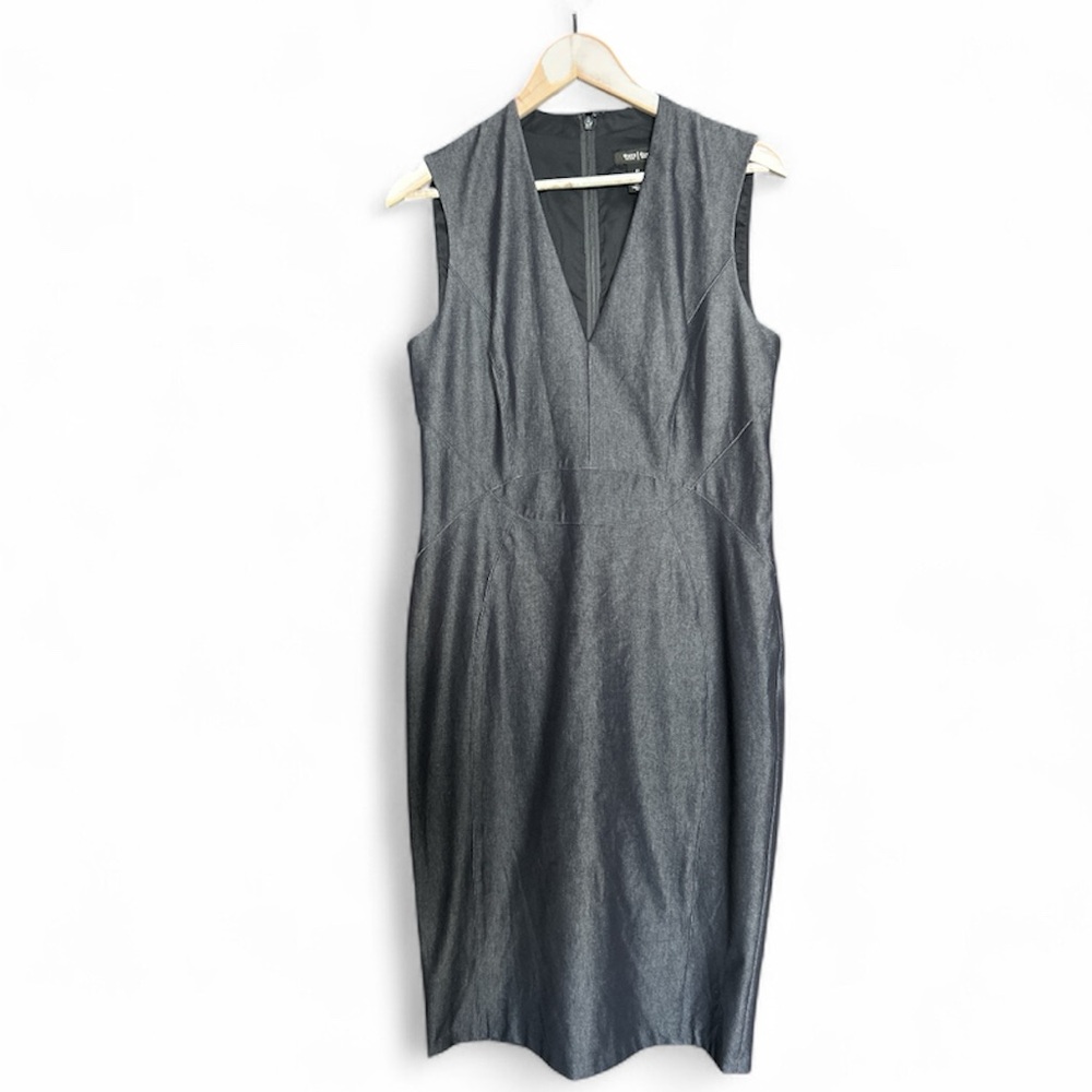 White House Black Market Women’s Dress 12 Gray Sheath Sleeveless V Neck Stretch